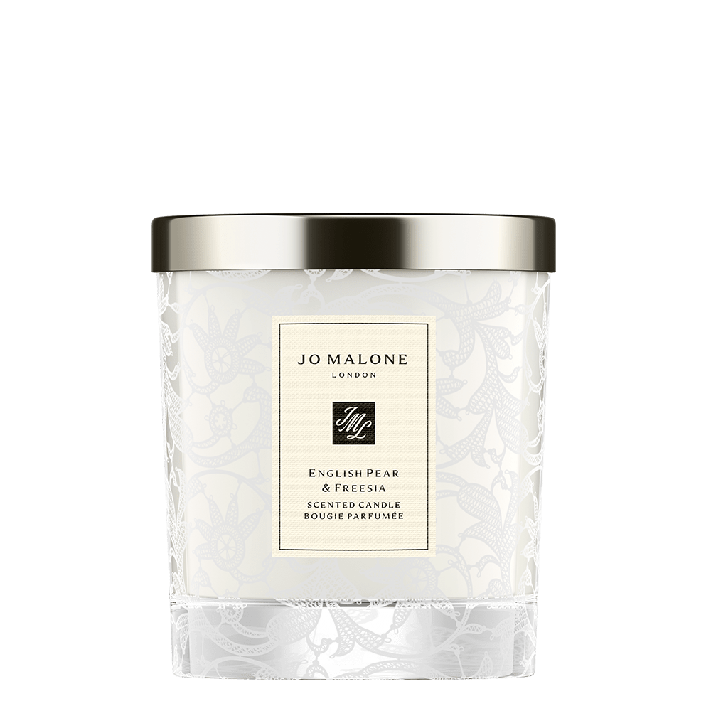 English Pear Freesia Home Candle with Lace Design